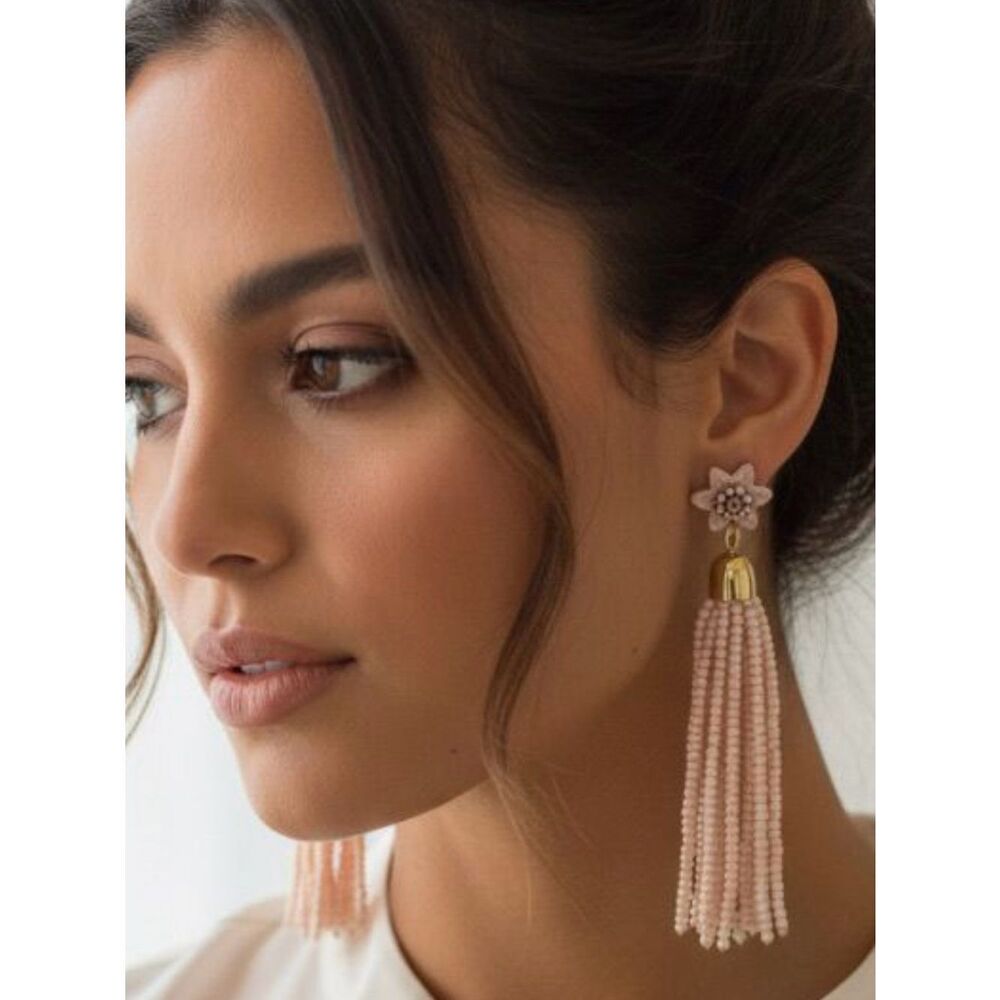 Rebecca Minkoff Blush Pink Flower Tassel Dangle Earrings Romantic Vintage Feel